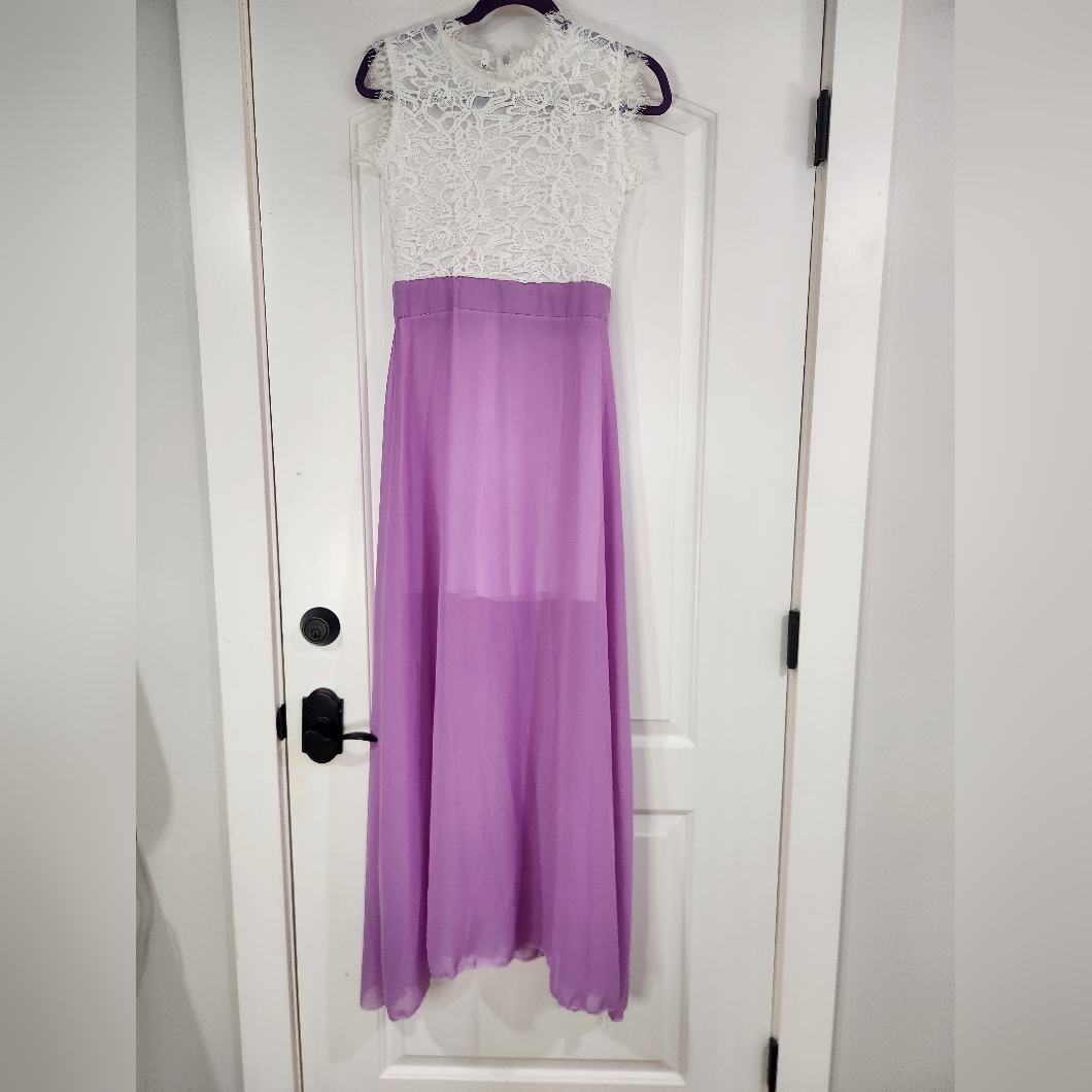 Beautiful White And Purple Full Length Dress